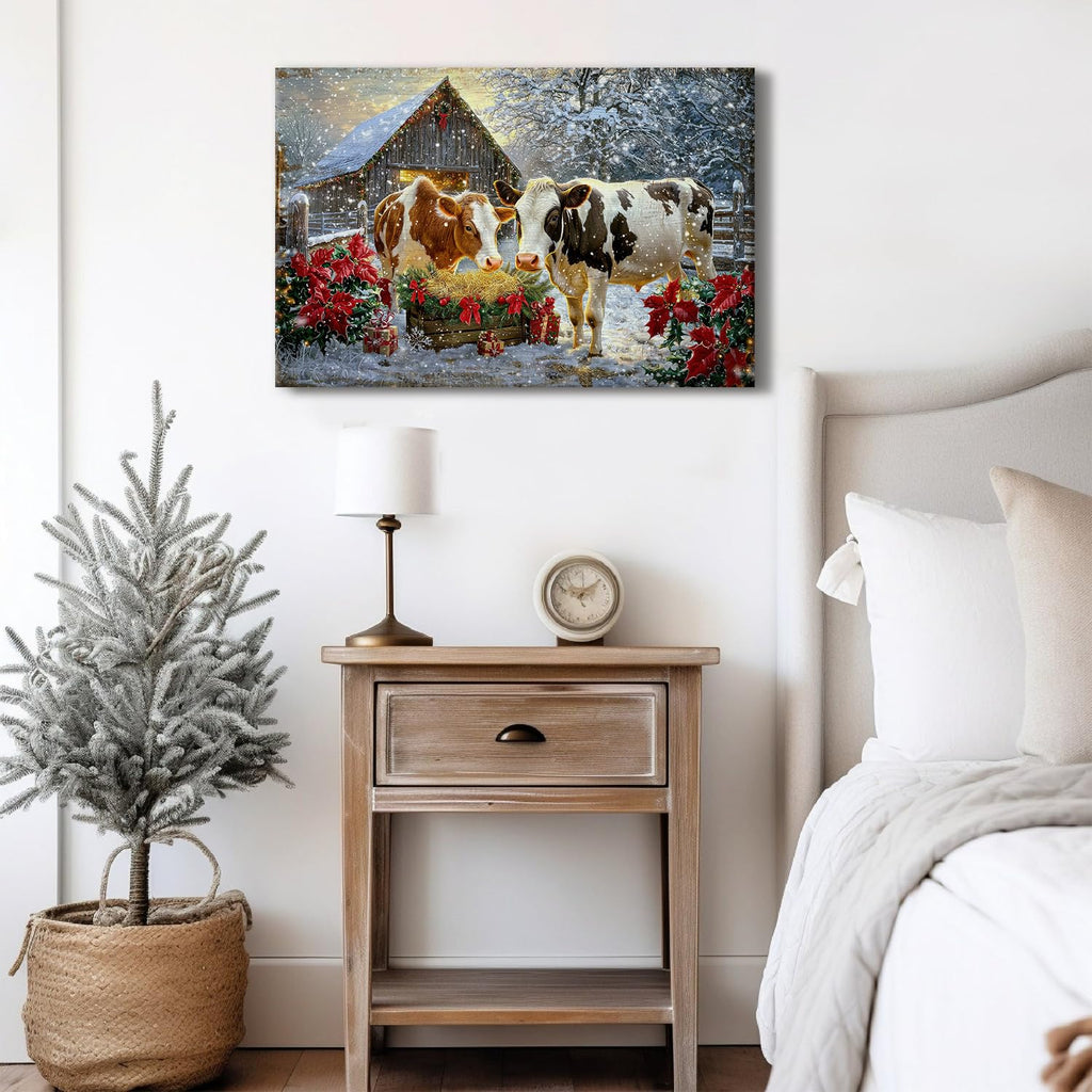 Farmhouse Cow Canvas Wall Art Living Room Bedroom Kitchen Wall Decor Merry Christmas Print Painting Framed