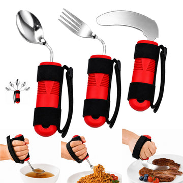 Bendable Adaptive Utensils 3-Piece Set, Parkinsons Fork Spoon Rocker Knife, Adjustable Angle Securing Strap, Built Up