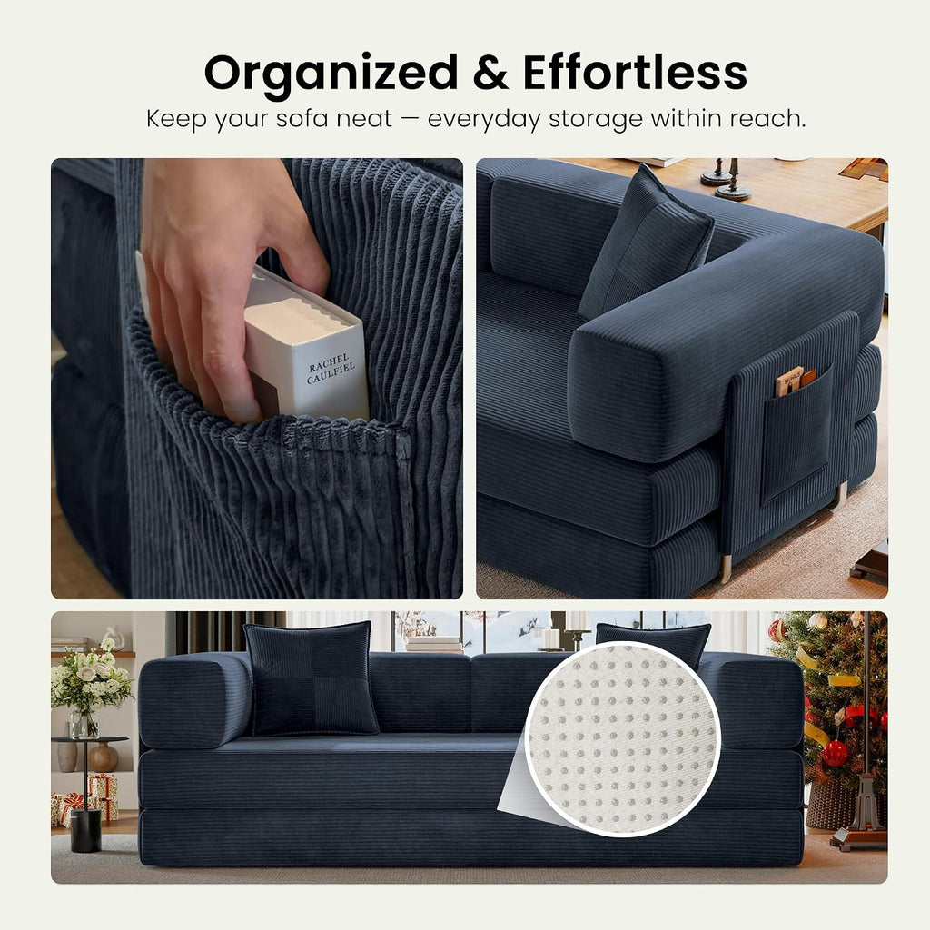 78.8" Convertible Futon Sofa Bed, Boneless Couch | Corduroy Boneless Loveseat Sleeper Sofa, Modular Futon Couch with