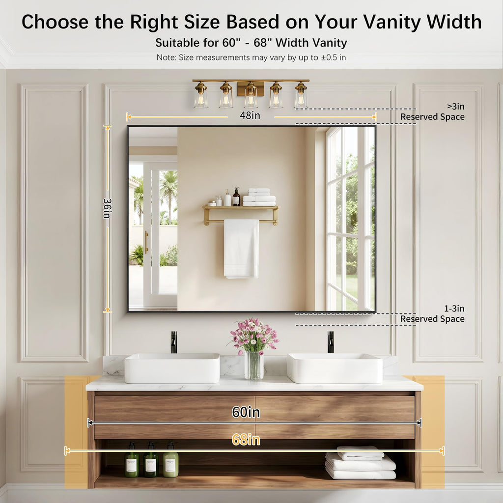 Black Bathroom Mirror for Wall, 36x48 Inch Rectangle Mirrors with Metal Frame, Modern Vanity Wall Mirror Decor Hangs