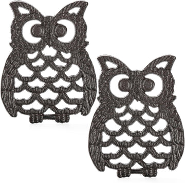 Cast Iron Owl Trivets, Heavy Duty Cast Iron Trivet with Rubber Pegs, Decorative Trivet Counter or Dining Table - Set of 2