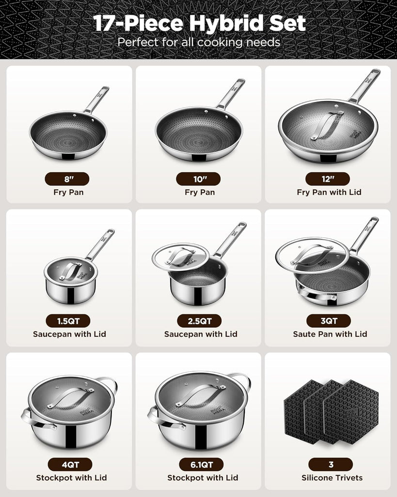 Pots and Pans Set Hybrid Stainless Steel, 17PC Nonstick Tri-Ply Cookware Set w/Frying pan, Dishwasher & Oven Safe
