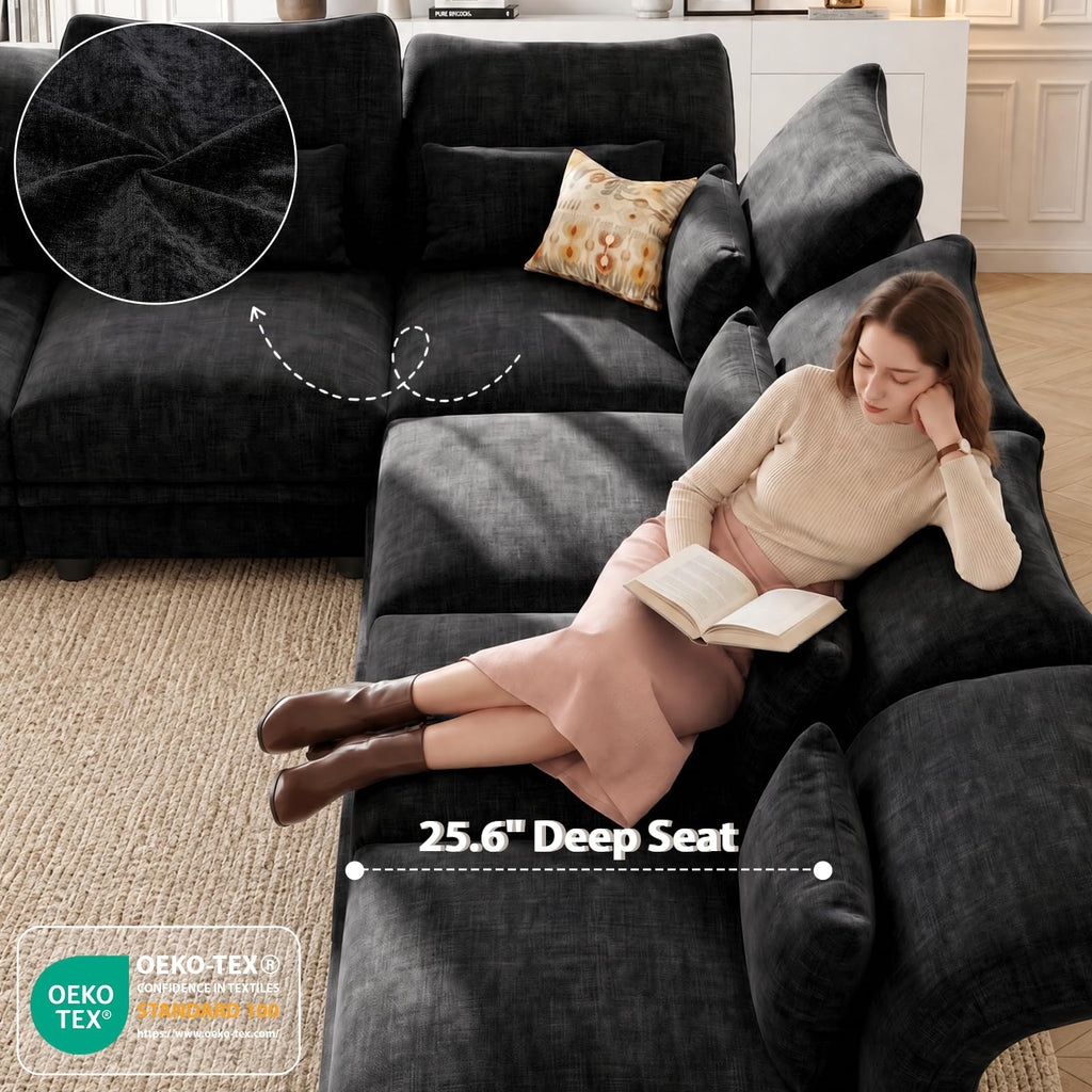 8 Seater Sectional Couches with Hidden Storage, Adjustable Armrest, Black Chenille Modular Sectional Sofa with Plush