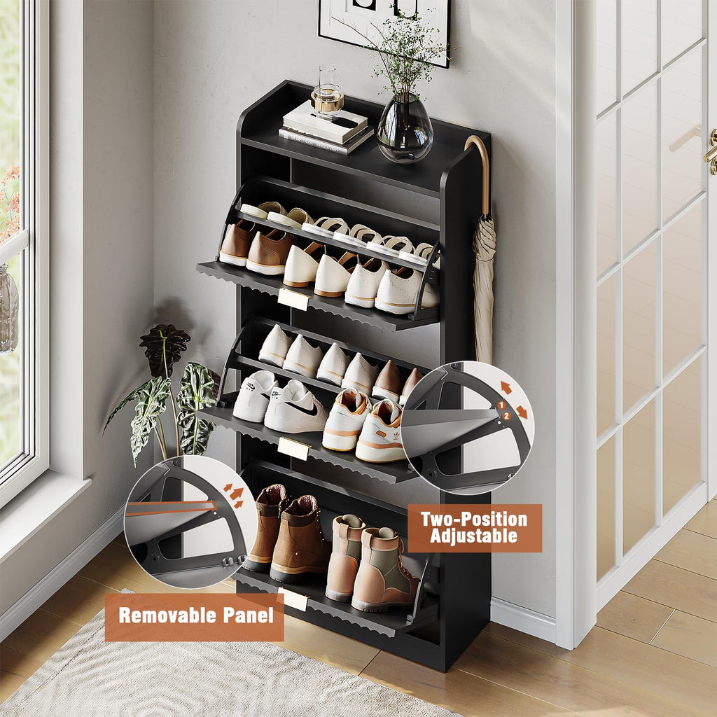 Black Fluted Shoe Cabinet, Narrow Entryway Storage Rack Organizer