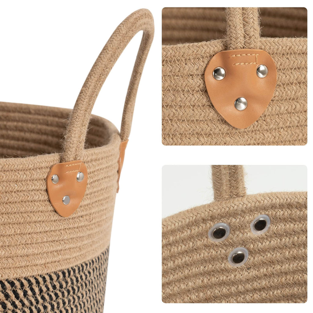 Wicker Storage Basket with Leather Handles, 14" x 12", Black