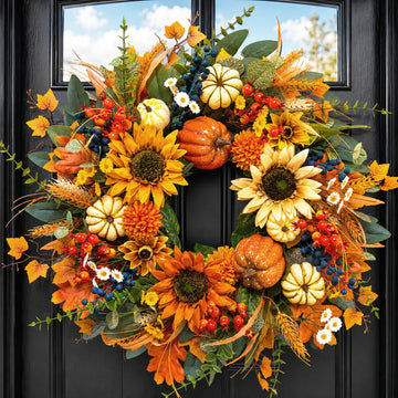 Fall Wreaths for Front Door 24", Fall Door Wreath with Sunflowers, Pumpkins