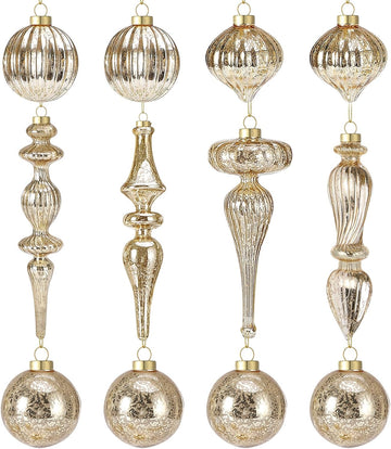 12 Pcs Mercury Glass Christmas Ornaments,Gold,Mixed Shapes
