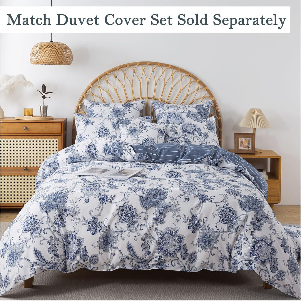 Cal King Sheets Set Percale Cotton Floral Bed Sheets Deep Pocket Fitted Sheet, Luxury Blue Floral Pattern Classic