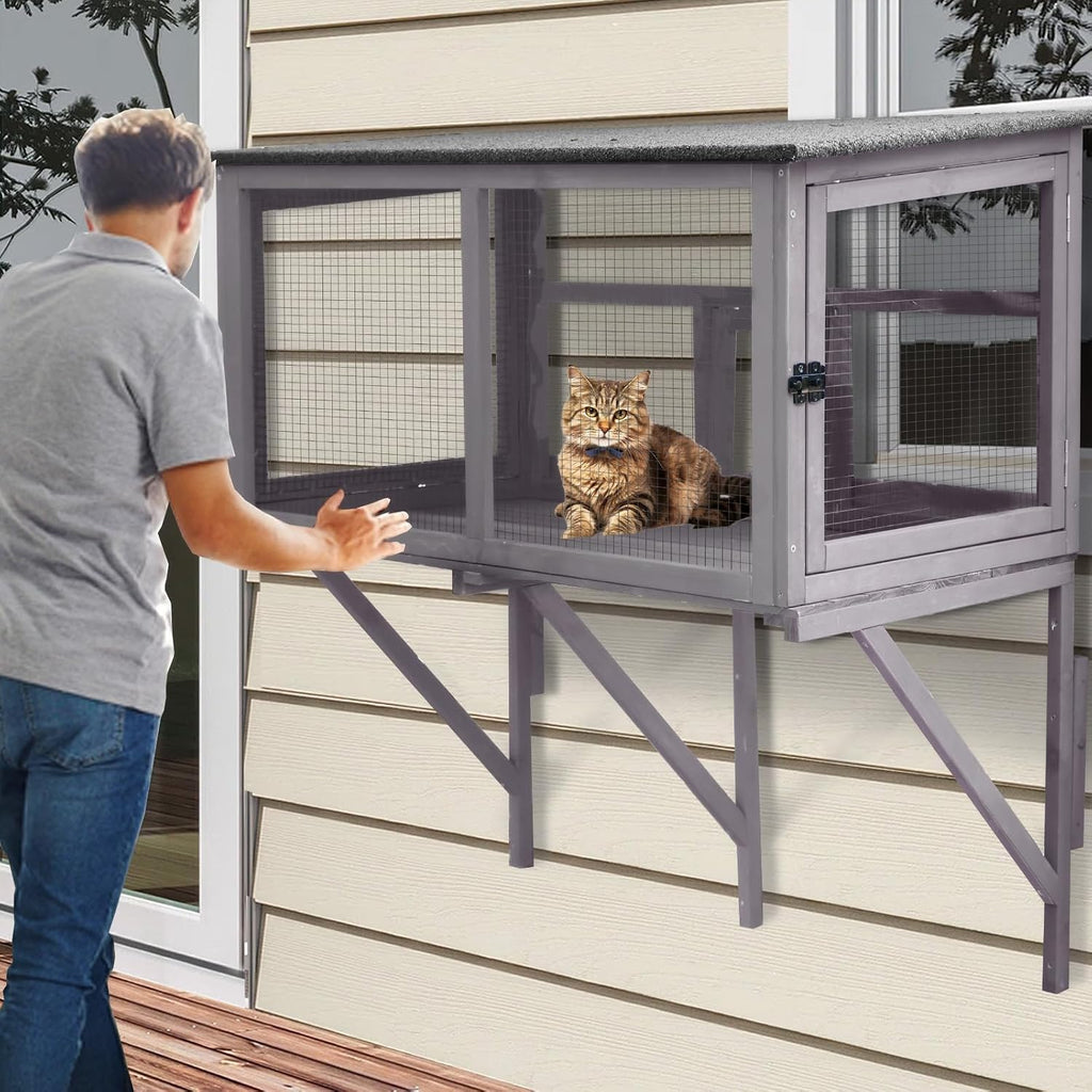 Catio Outdoor Cat Enclosure, Cat Window Box for 1-2 Cats with Weatherproof Asphalt Roof & Lockable Door, Expendable