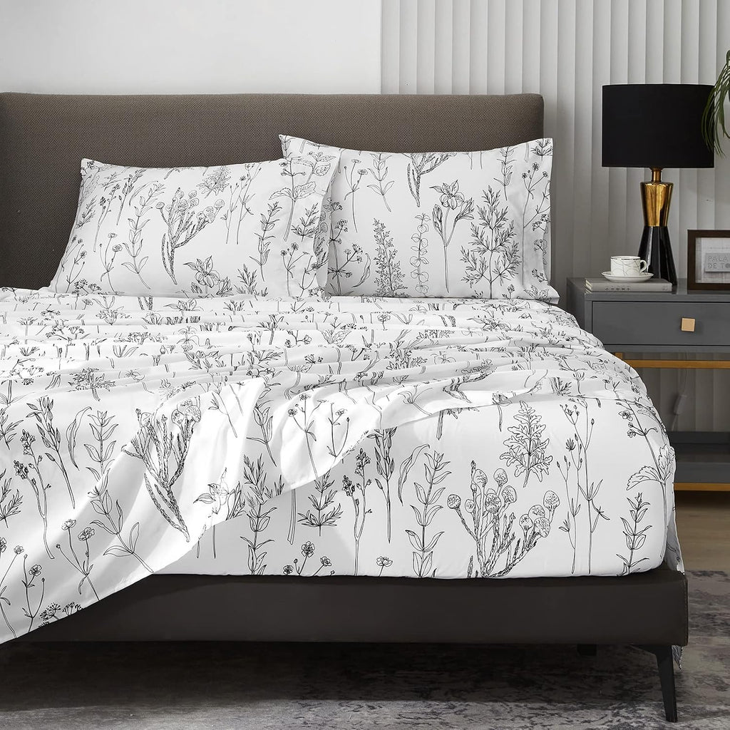 Floral Sheets Queen,18 inches Deep Pocket Sheets, 1800 Thread Count Black and White Leaf Floral Bed Sheets Soft