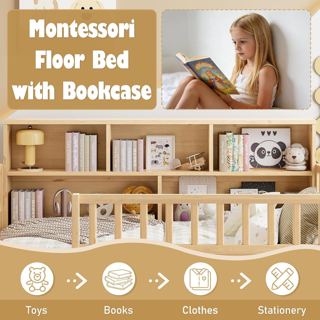 Montessori Floor Bed with Bookcase, Floor Bed with High Fence and Storage Shelves, Easy Assemble