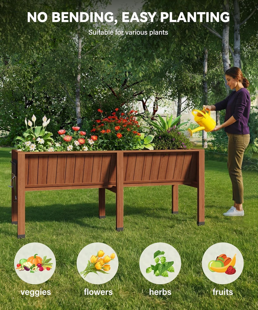 6x2x2.5 ft Large Raised Garden Bed (72x26x30 in) - Elevated Wood Planter Box with Storage Hooks & Locking Wheels