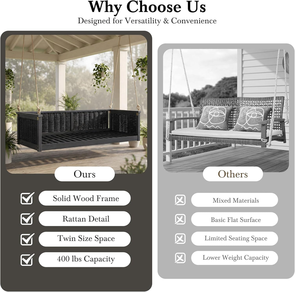79.5in Acacia Wood Porch Swing Bed, Rattan Hanging Outdoor Daybed, Black | Hand-Woven Rattan And Acacia Wood Frame;