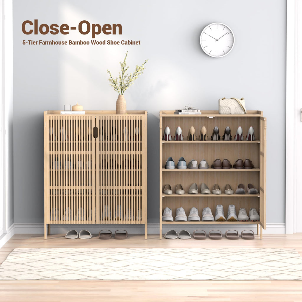 Shoe Storage Cabinet, 5-Tier Bamboo Shoe Organizer with Doors