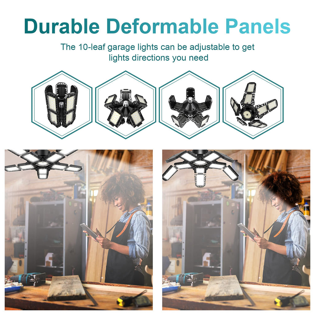 2-Pack Led Garage Light 180W, Garage Lights Ceiling LED with E26/E27 Medium Base, 6000K Deformable LED Shop