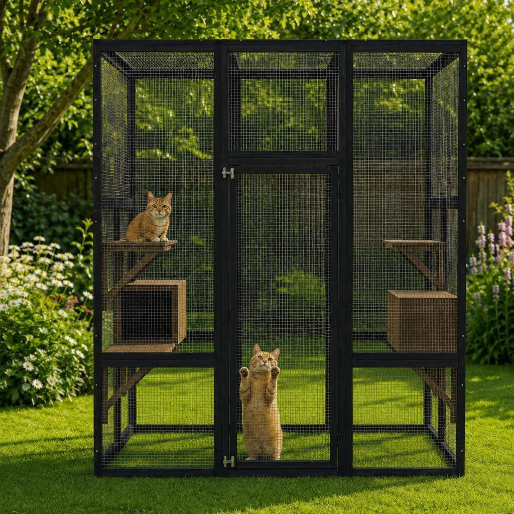 70" Walk-in Wooden Catio, Outdoor Cat Enclosure with Window Access, Black