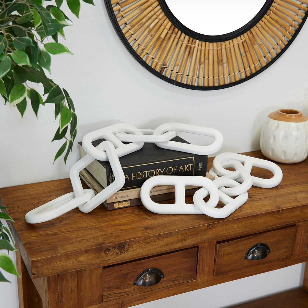 Wood Chain Decorative Sculpture Home Decor Statues, Set of 2 Accent Figurines 27", 25"W, White