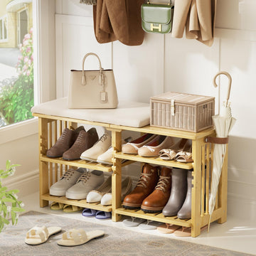 Bamboo Shoe Rack Bench, 3-Tier Shoe Bench Height Adjustable, Entry Bench with Side Storage Strap, Shoes Organizer