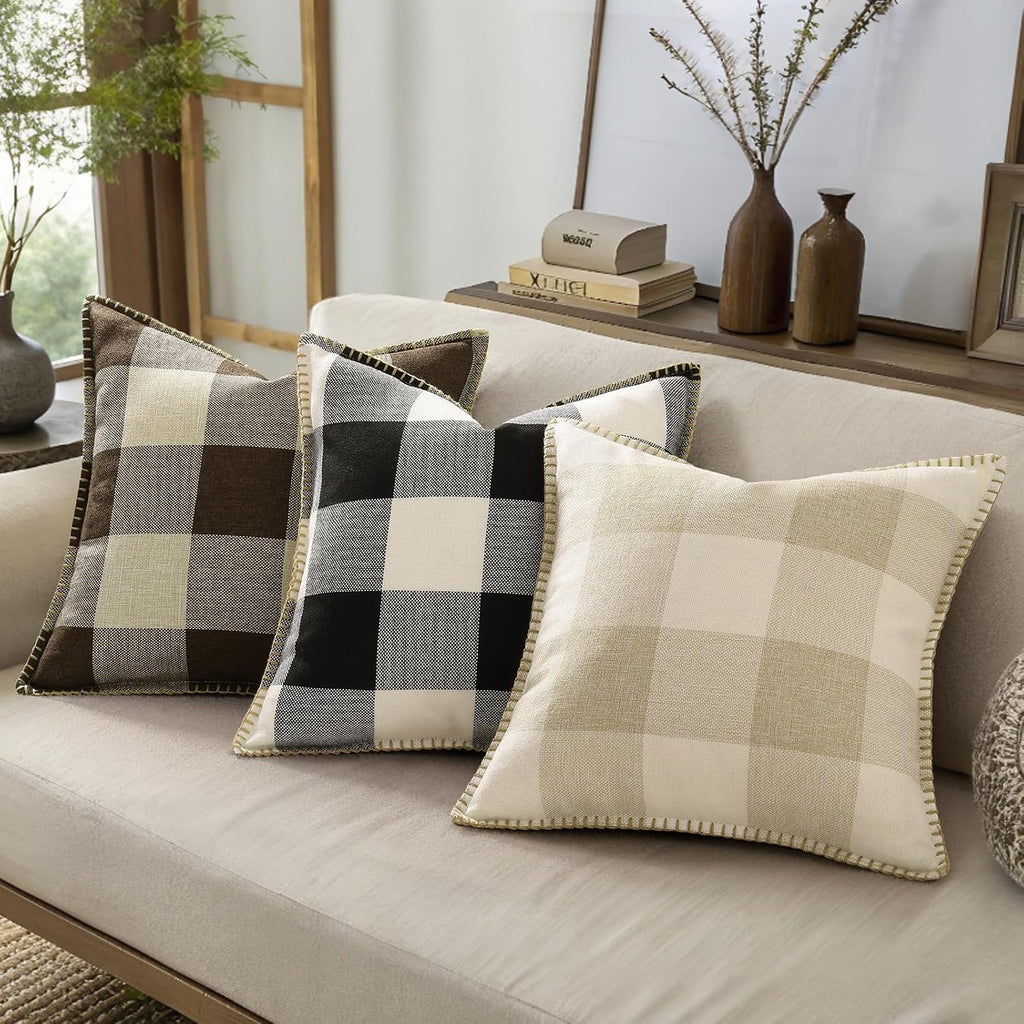 Summer Buffalo Plaid Check Throw Pillow Covers 18x18 Set of 2 Outdoor Linen Decorative Farmhouse Gingham Pillow