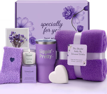Birthday Gifts for Women Friendship, Spa Gift Basket Set with Blanket Candle Tumbler, Self Care Gifts Unique Happy