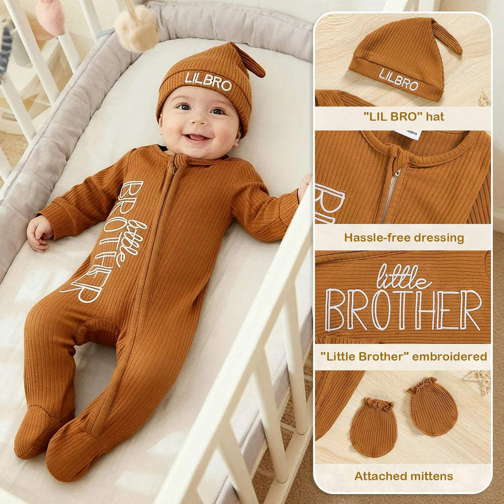 Baby Boy Outfits Zippered Romper Letter Embroidered Coming Home Jumpsuit with Hat Mittens