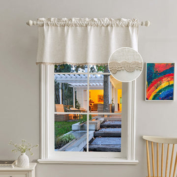 Beda Home-Tassel-Linen-Valance with-Embroidery-Border for-Farmhouses' Kitchen-Light-Filtering-Rustic Short Topper for
