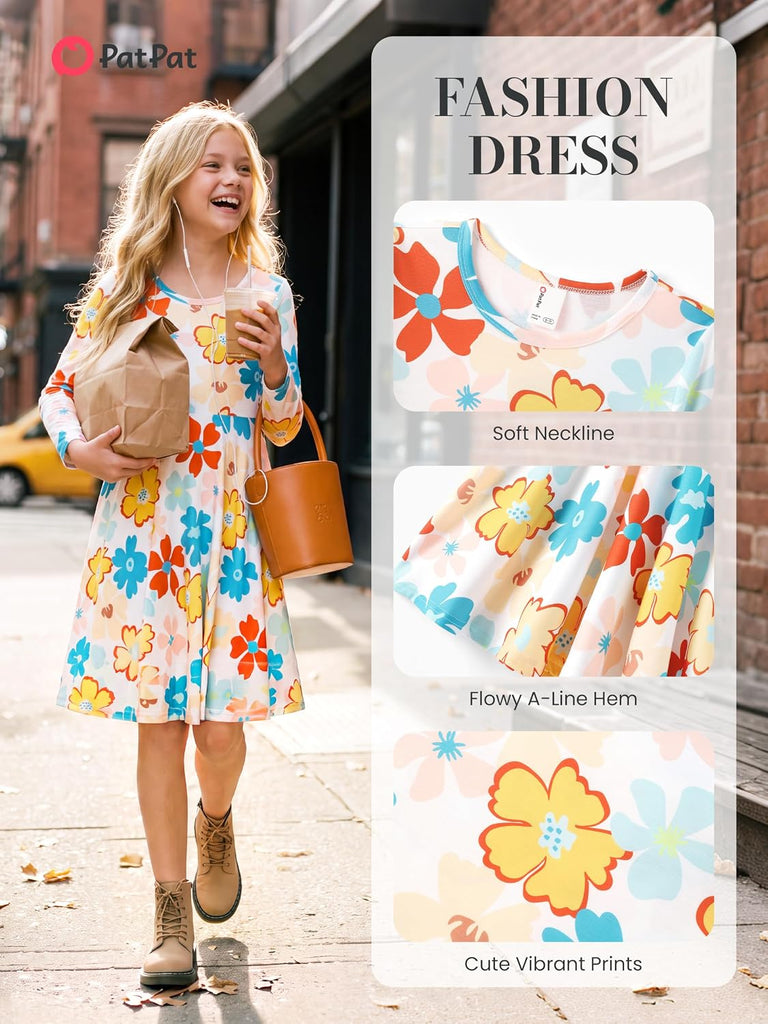 Girls Long Sleeve A Line Skater Dress Casual Everyday Outfit