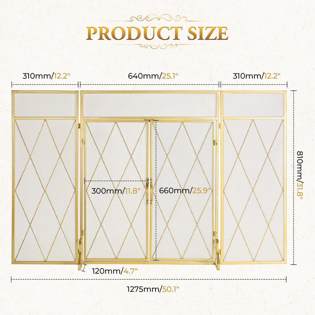 3-Panel Fireplace Screen with Double Doors, 50" x 32", Gold