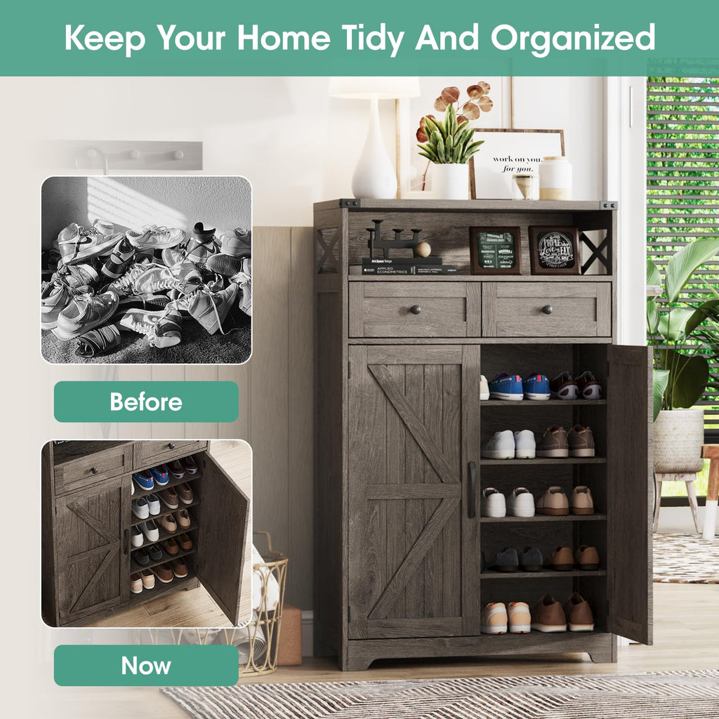 Farmhouse Shoe Cabinet with Doors, 6-Tier Shoe Storage Cabinet