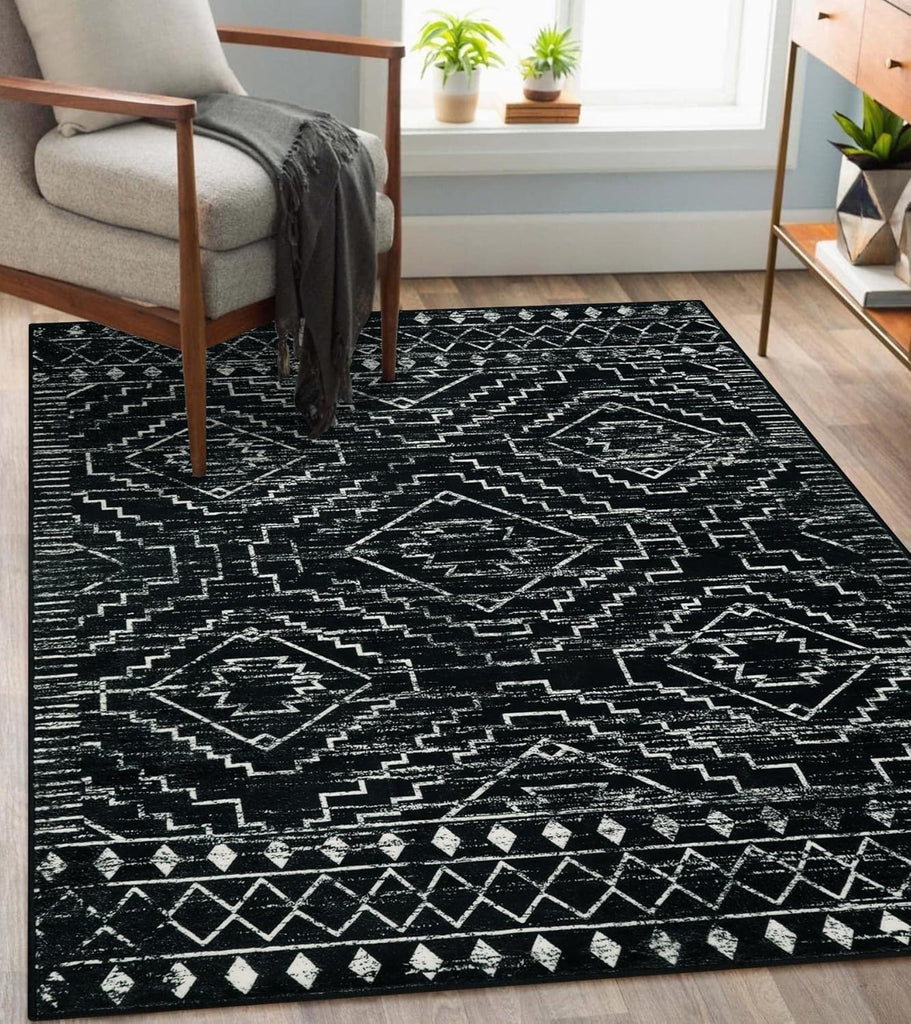 Wonnitar Moroccan Washable Rug 4x6, Black Boho Living Room Area Rug