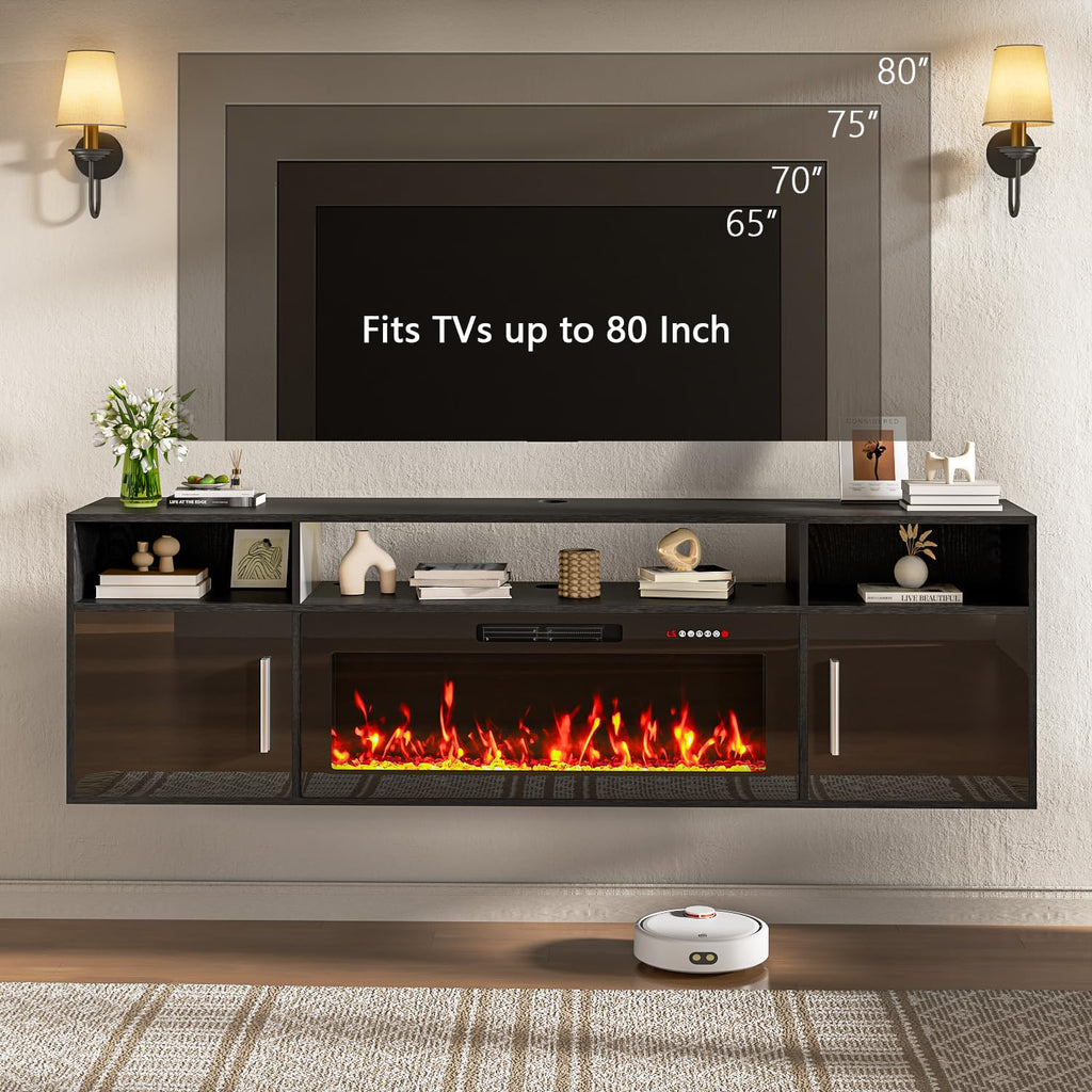 70" Floating TV Stand with Fireplace, Wall Mounted Entertainment Center with Storage for TVs up to 80", Modern Media