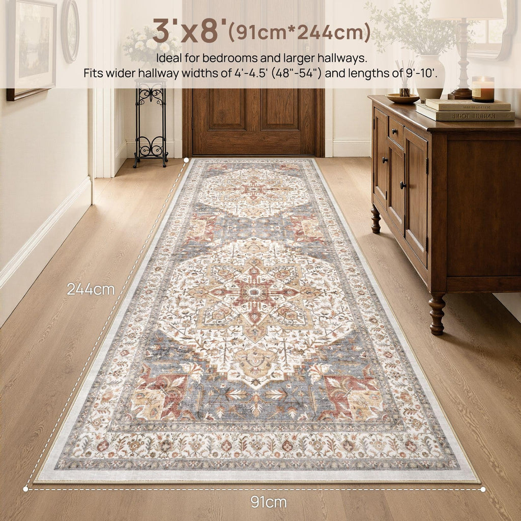 Area Rug 3x8 Runner Rugs - Washable Vintage Oriental Farmhouse Thin Indoor Carpet Bedroom Hallway Entryway Kitchen