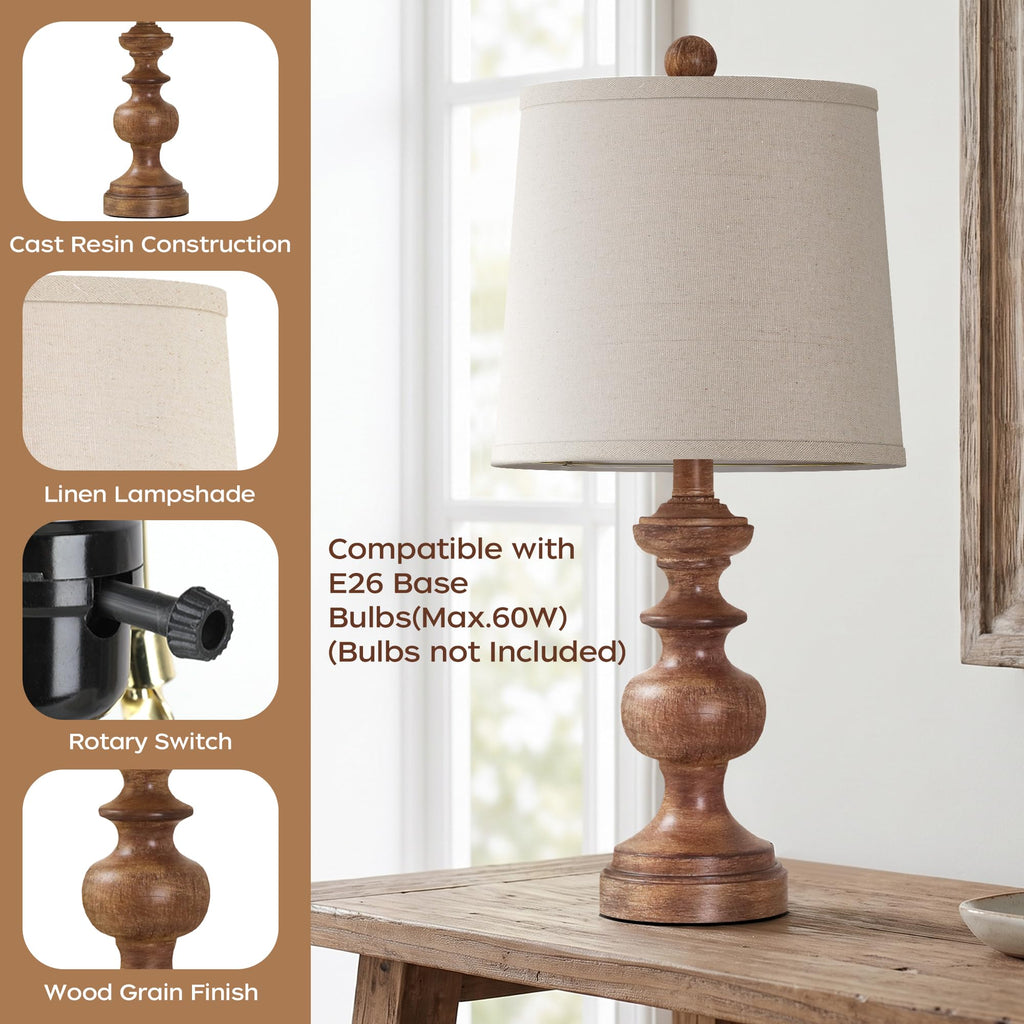 Farmhouse Table Lamp Set of 2, Rustic Table Lamps Bedroom, 22" Mid Century Modern Desk Lamp Bedside Nightstand Lamps