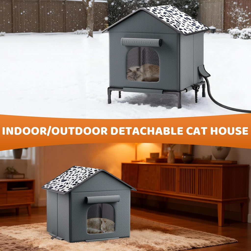 Heated Cat House for Outdoor Cats in Winter, Weatherproof Insulated Outside Cat House with Heating Pad, Warm Home