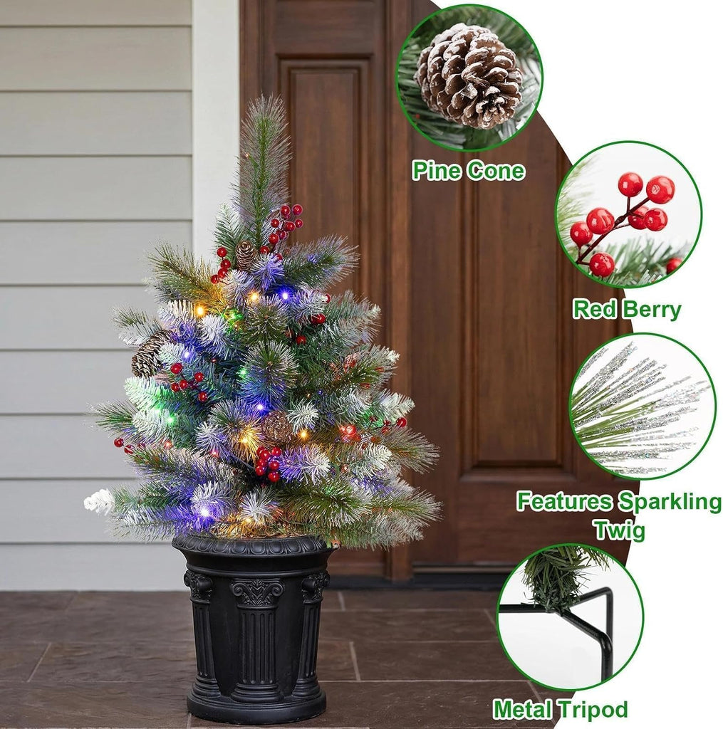 Set of 2 25.6 Inch Pre-lit Outdoor Christmas Tree with LED Lights, 8 Modes & Timer, Battery Operated Christmas Tree