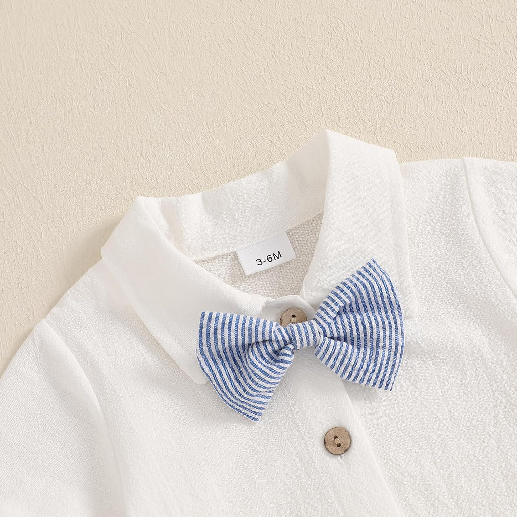 Newbron Baby Boy Summer Outfit Cotton Linen Button Short Sleeve Bowtie Shirt Romper Suspender Shorts Set