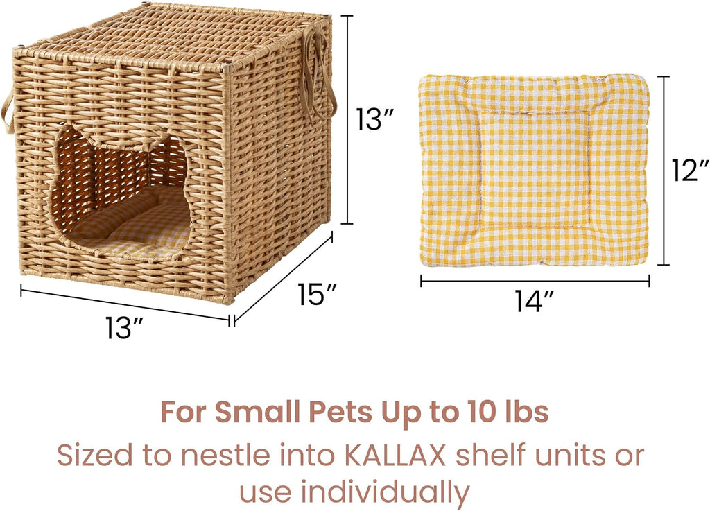 Handwoven Small Cat Bed Cave for Kallax Shelf, 13"x13"x15" Rattan Cat House for Indoor Cats Kittens and Small Pets