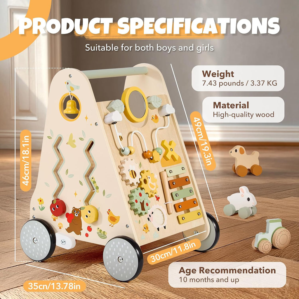 Wooden Baby Push Walker, Baby Walker with Activity Center for Girls Boys, Montessori Sensory Push Toys for Babies