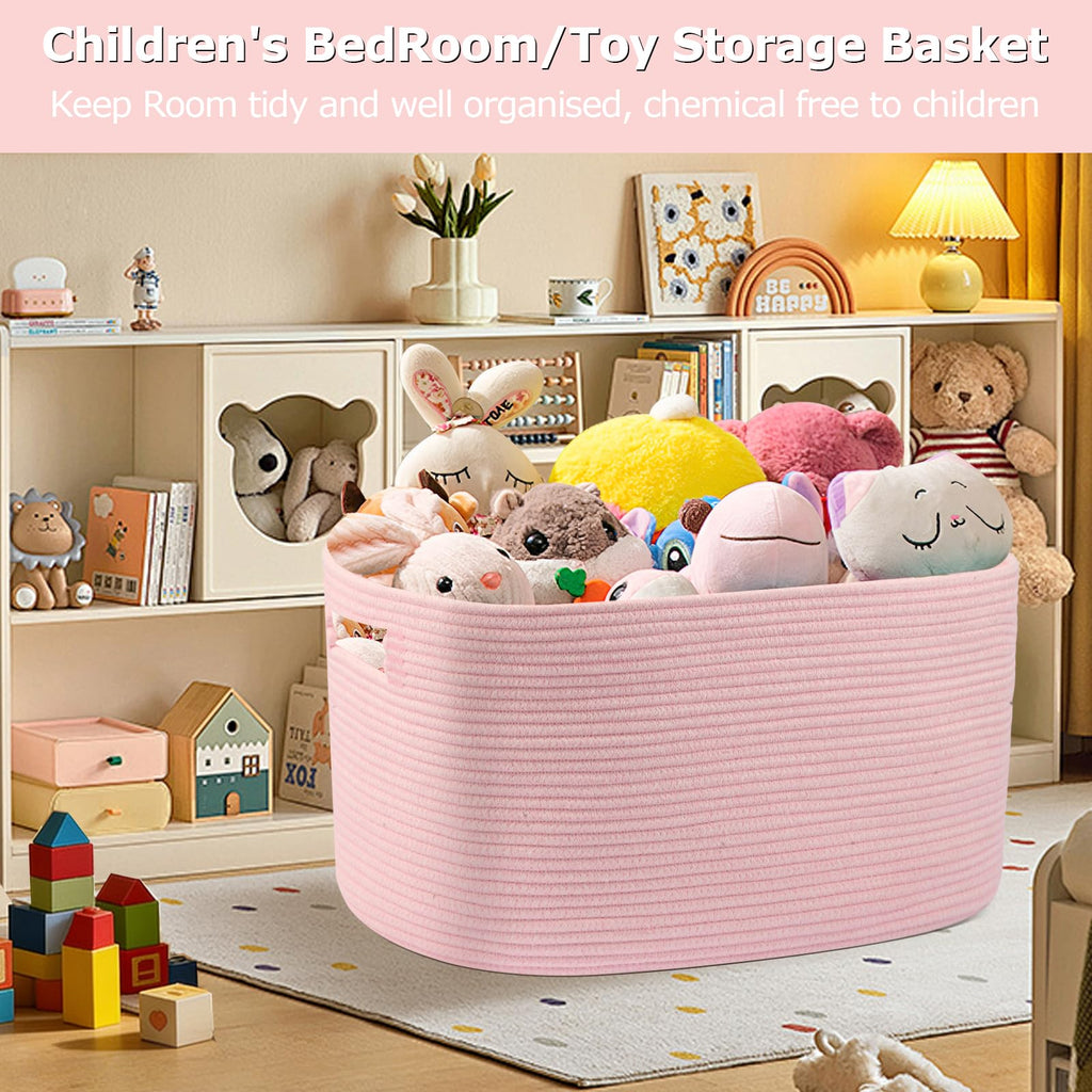 75L Large Woven Storage Basket, Pink Cotton Rope Laundry Hamper with Handles, 22"x17"x12" Rectangle Blanket Basket