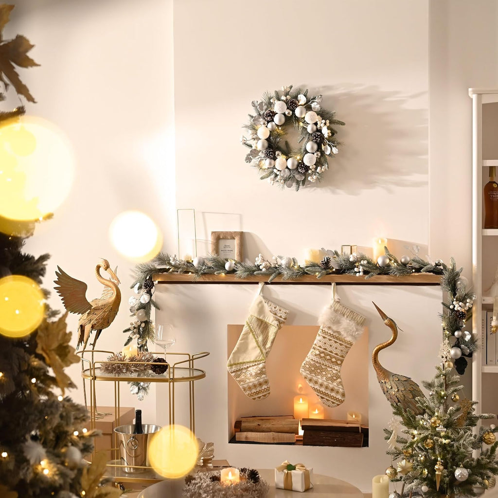 20'' Pre-Lit Christmas Wreath for Front Door with Lights, Lighted Christmas Door Wreath with Silvery White Xmas Ball