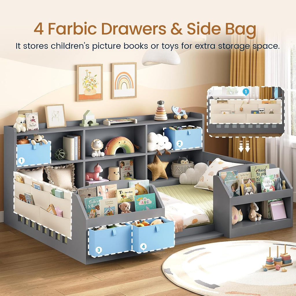 Floor Montessori Wooden Bed Frame for Toddlers, Grey