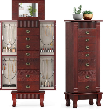 Standing Jewelry Armoire Cabinet, Large Jewelry Organizer Chest with 7 Drawers, 2 Swing Doors, 12 Necklace Hooks &