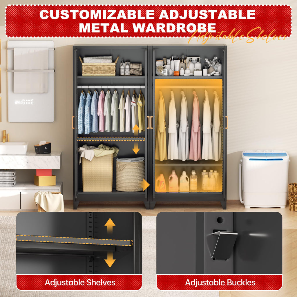 Metal Wardrobe Closet, 72" H Bedroom Armoires with Wooden Handle, Metal Cabinet with Adjustable Shelves and Hanging