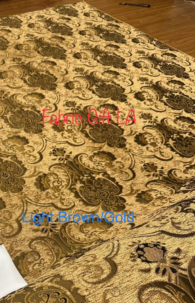 Damask, Chenille, Upholstery, Drapery Fabric, Sold By the Yard 58" Wide (Light Bron/Gold)