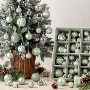 Sage Green Christmas Ornaments Iridescent White Xmas Bulbs - Set of 64