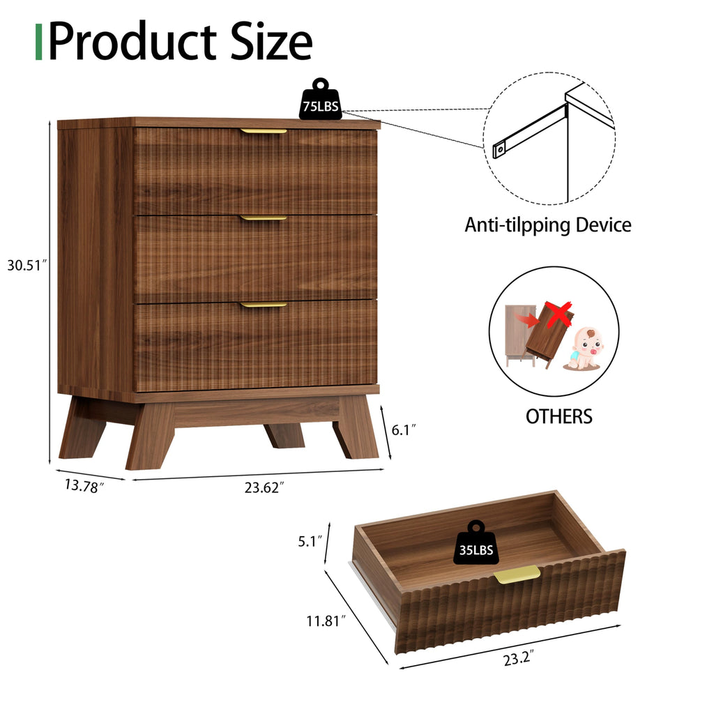 Fluted Dresser with 3 Drawers, 24" Wide Modern Chest of Drawers with Metal Handle, Wooden Dresser TV Stand, Wood