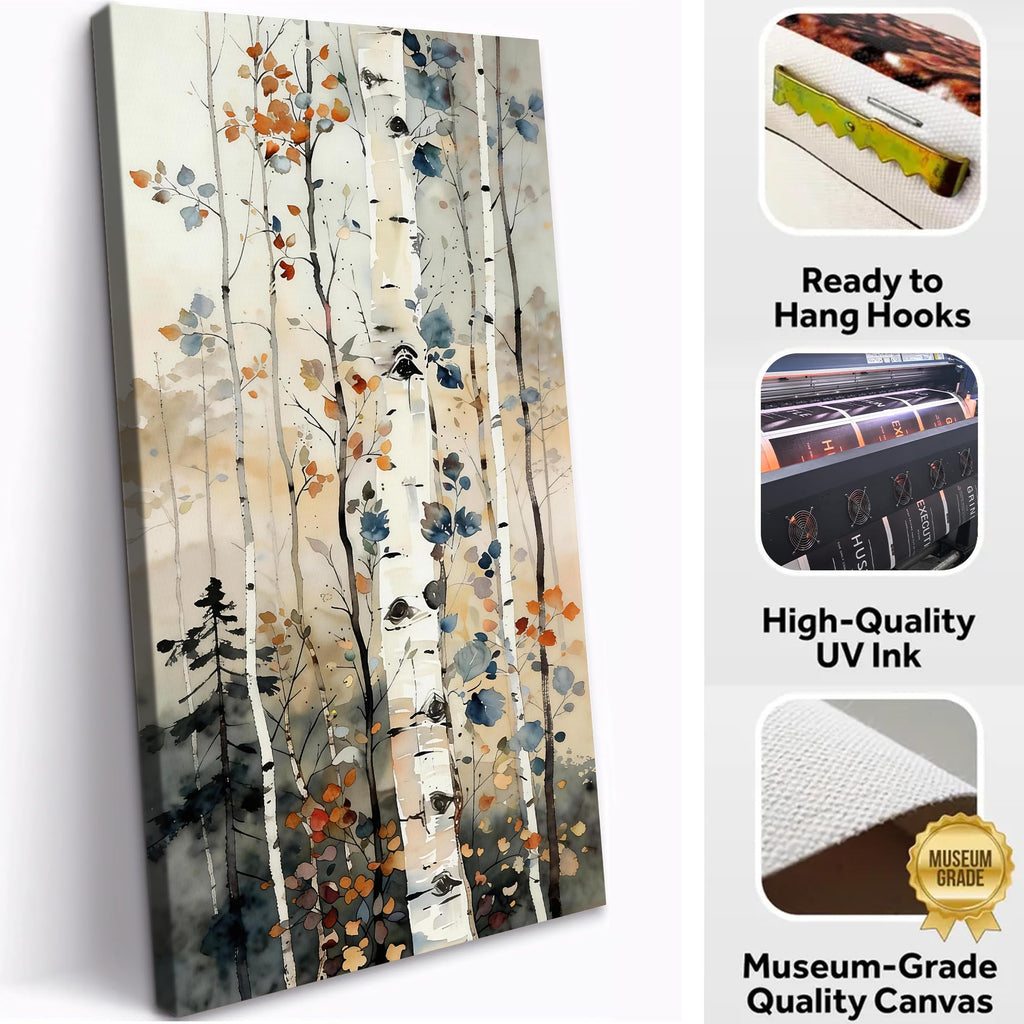 Birch Tree Canvas Wall Art Vertical Forest Watercolor Painting, Modern Nature Canvas Prints, Green Bathroom Decor