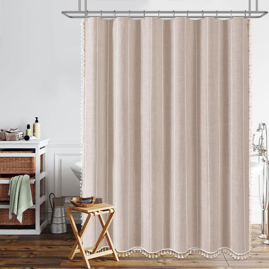 72x96 Extra Long Boho Linen Heavy Duty Shower Curtain Set, Tan/Taupe