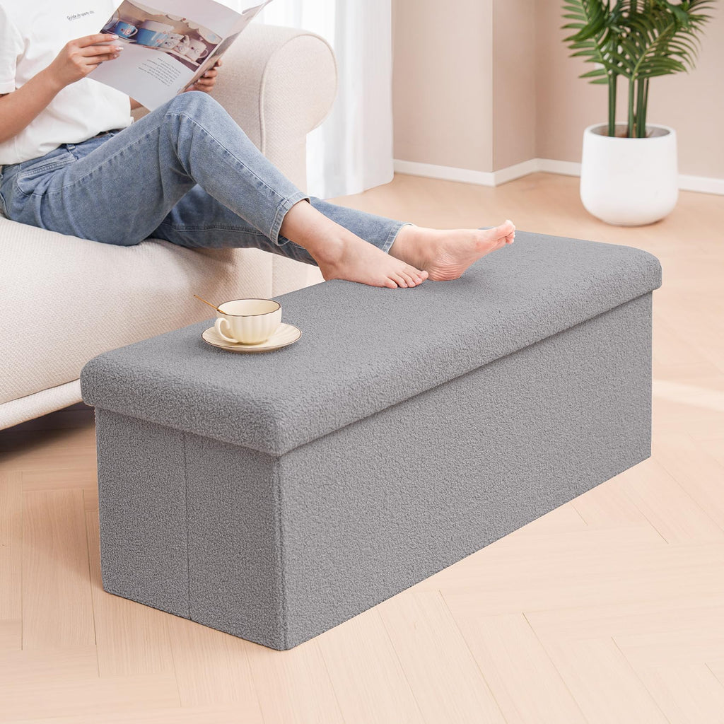 Folding Storage Ottoman Bench, Grey Boucle Square