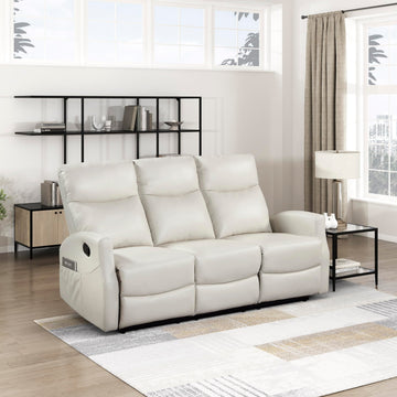 Manual Reclining Sofa, Magazine Pockets, Beige Faux Leather